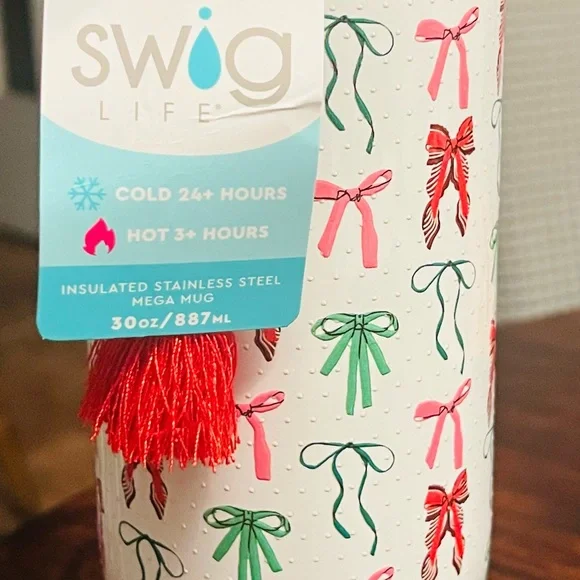 Holiday Bow Travel Mug with Red Handle - Picture 2 of 3